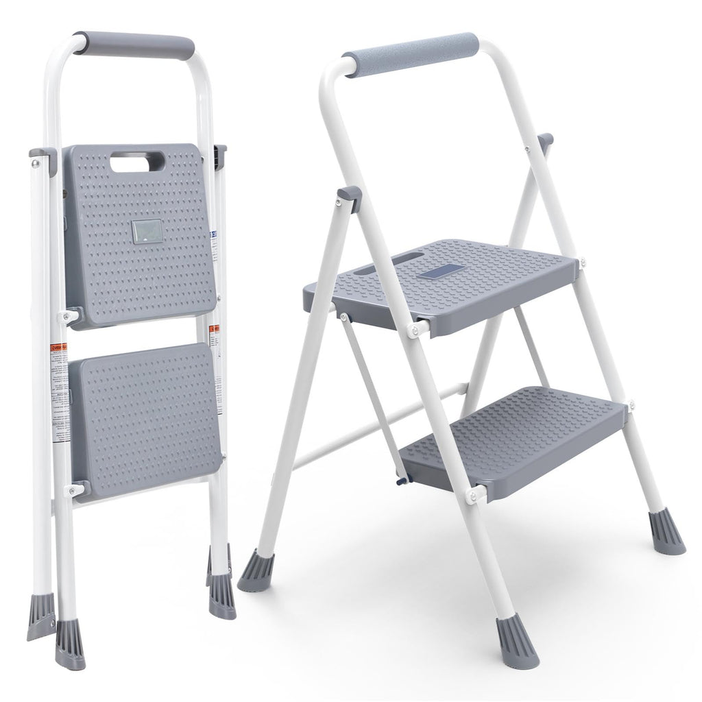 2 Step Ladder with Anti-Slip Pedal and Handrail, 800lbs, Grey T585