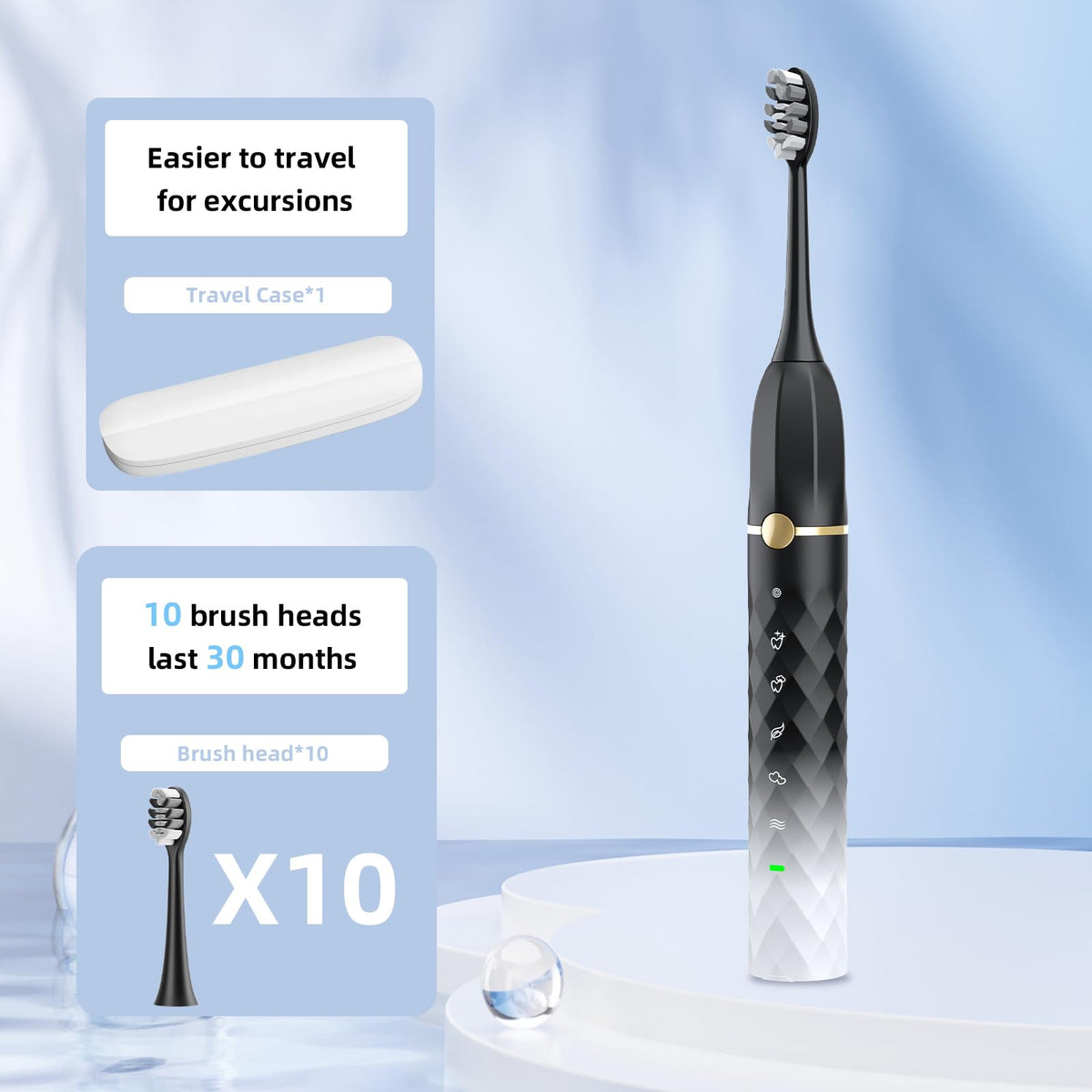 Black White Sonic Electric Toothbrush Set with 10 Brush Heads and Travel Case V103864