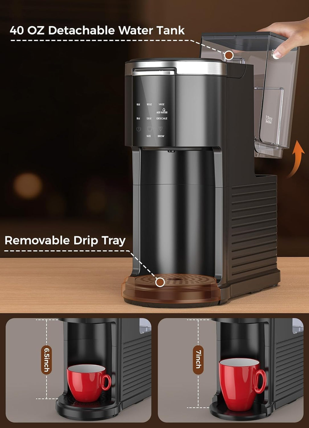 Single Serve Coffee Maker, 2 in 1 Capsule & Ground Coffee Brewer, 40 Oz Removable Water Tank U347