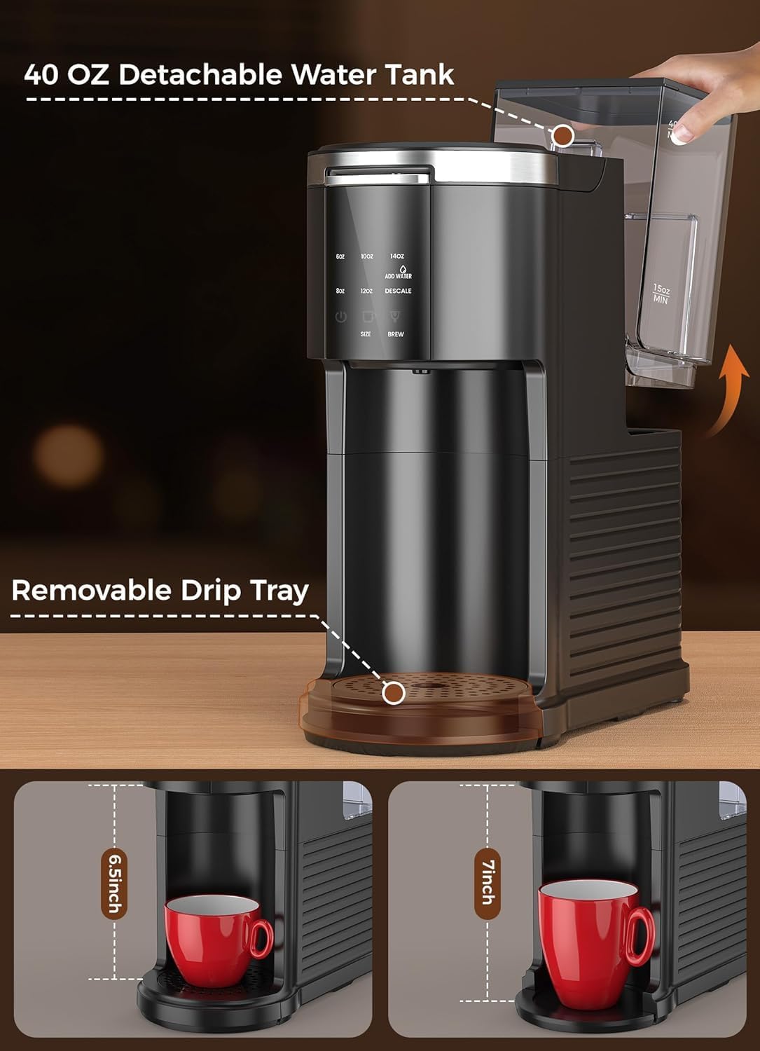 Single Serve Coffee Maker, 2 in 1 Capsule & Ground Coffee Brewer, 40 Oz Removable Water Tank U347