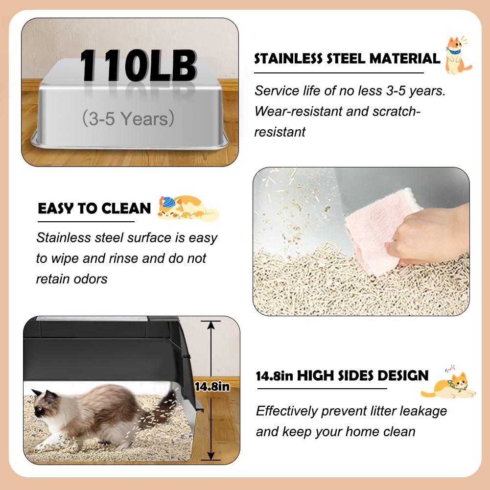 XL Stainless Steel Cat Litter Box with Lid T3293