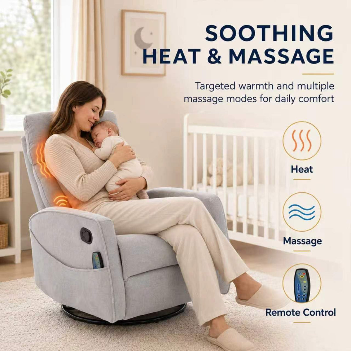 Small White Velvet Recliner Rocking Chair with Heat and Massage P89787