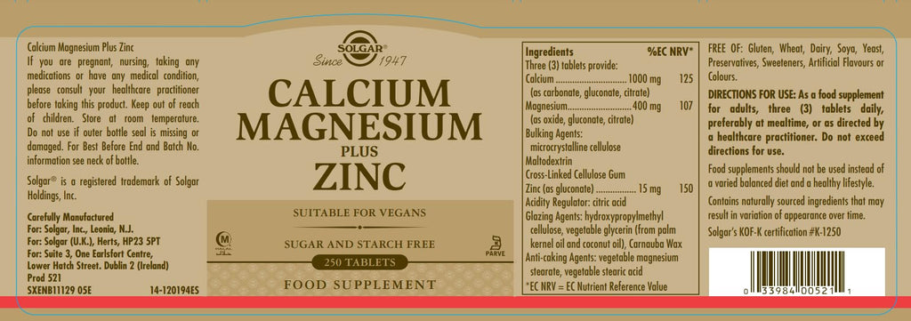Calcium Magnesium Plus Zinc 250 Tablets V390