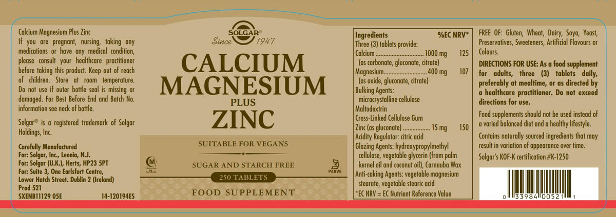 Calcium Magnesium Plus Zinc 250 Tablets V390