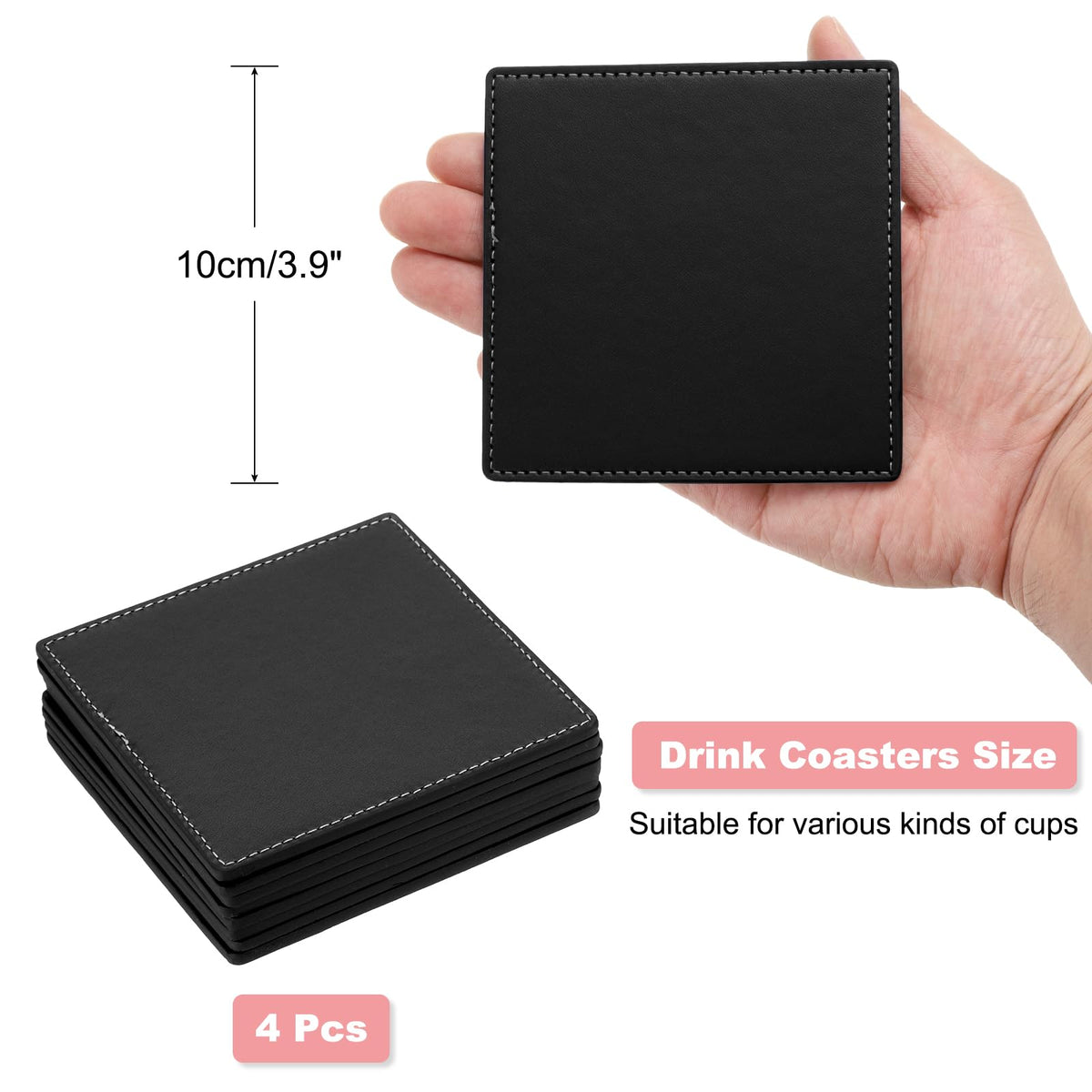 White Stitched Dual Sided Leather Coasters Set of 4 B15255
