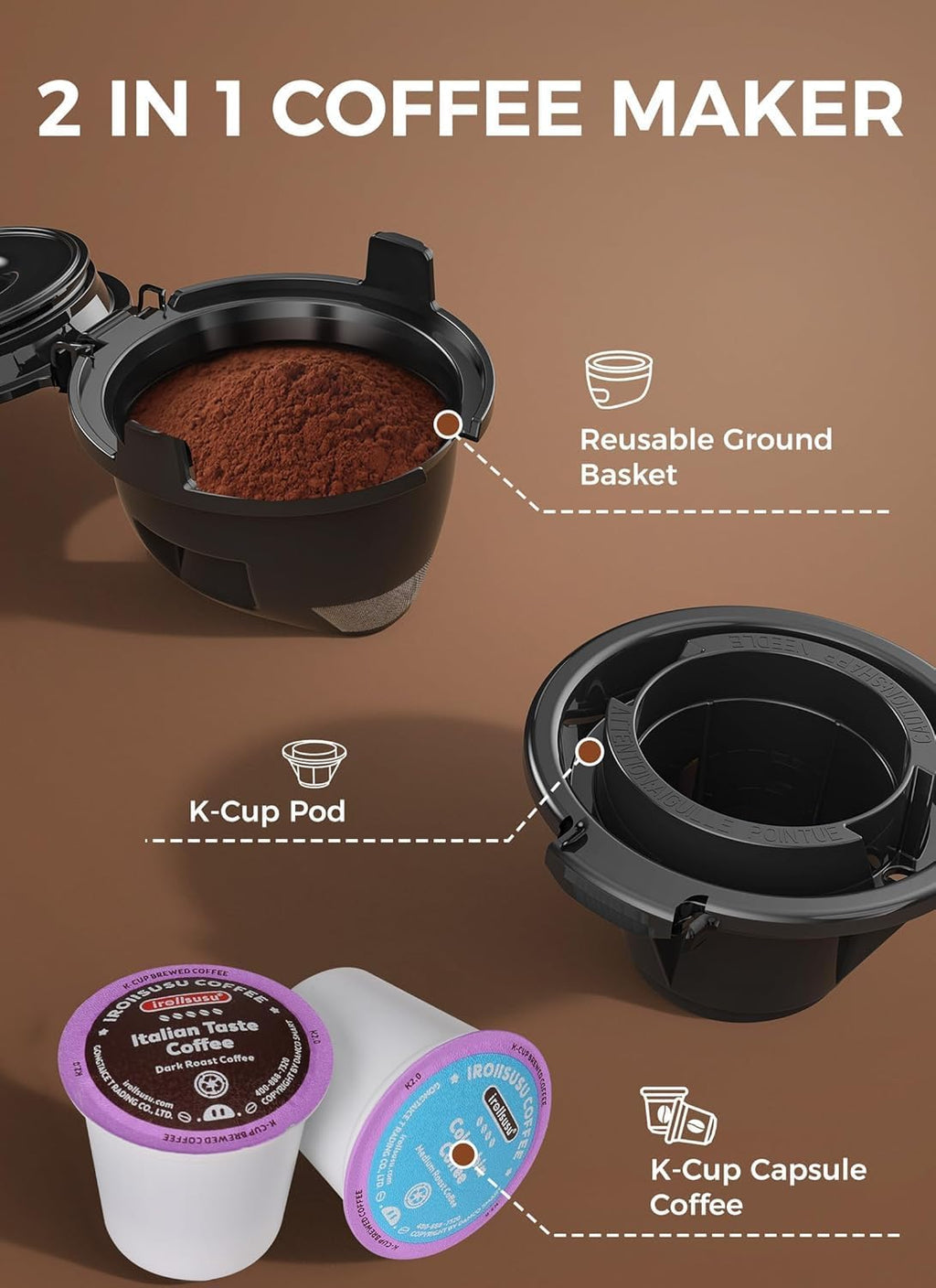 Single Serve Coffee Maker, 2 in 1 Capsule & Ground Coffee Brewer, 40 Oz Removable Water Tank U347