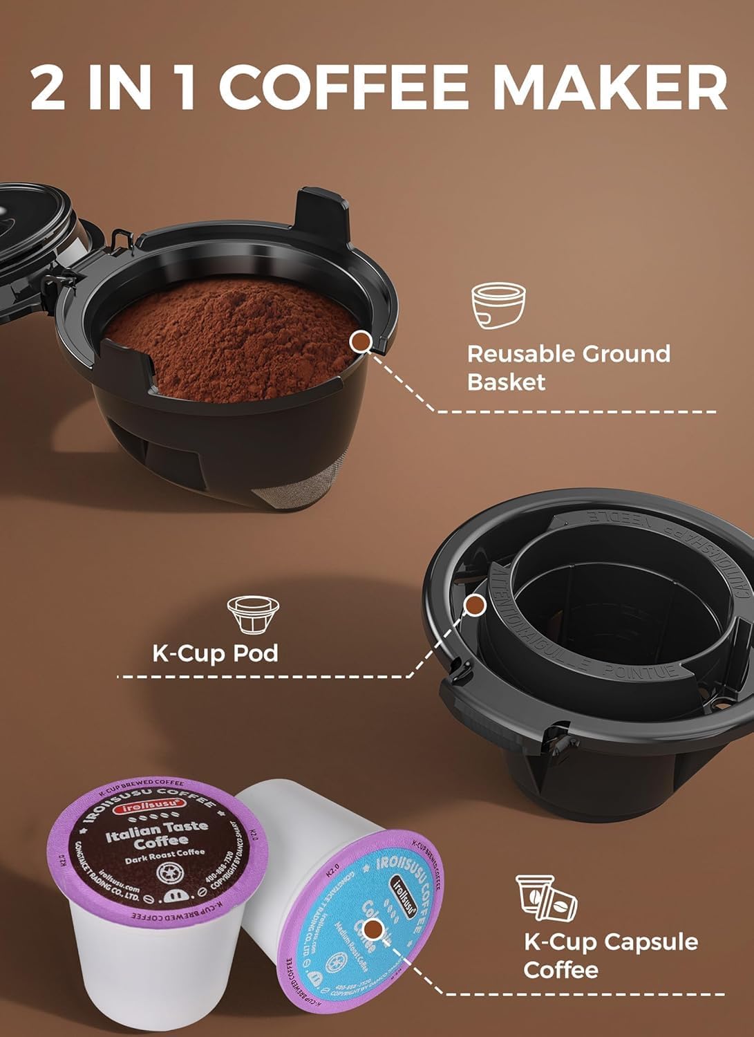 Single Serve Coffee Maker, 2 in 1 Capsule & Ground Coffee Brewer, 40 Oz Removable Water Tank U347
