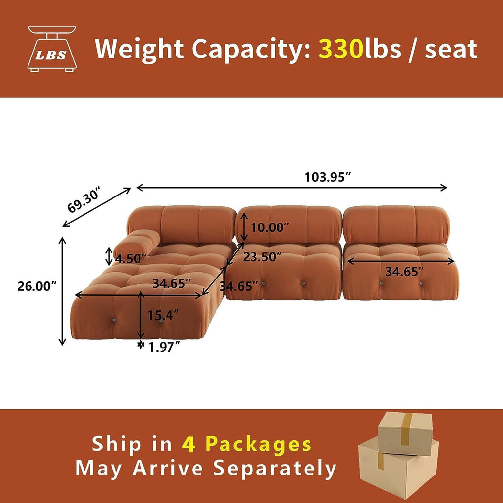 104" L-Shaped Velvet Sectional Sofa with Reversible Chaise Ottoman R59526