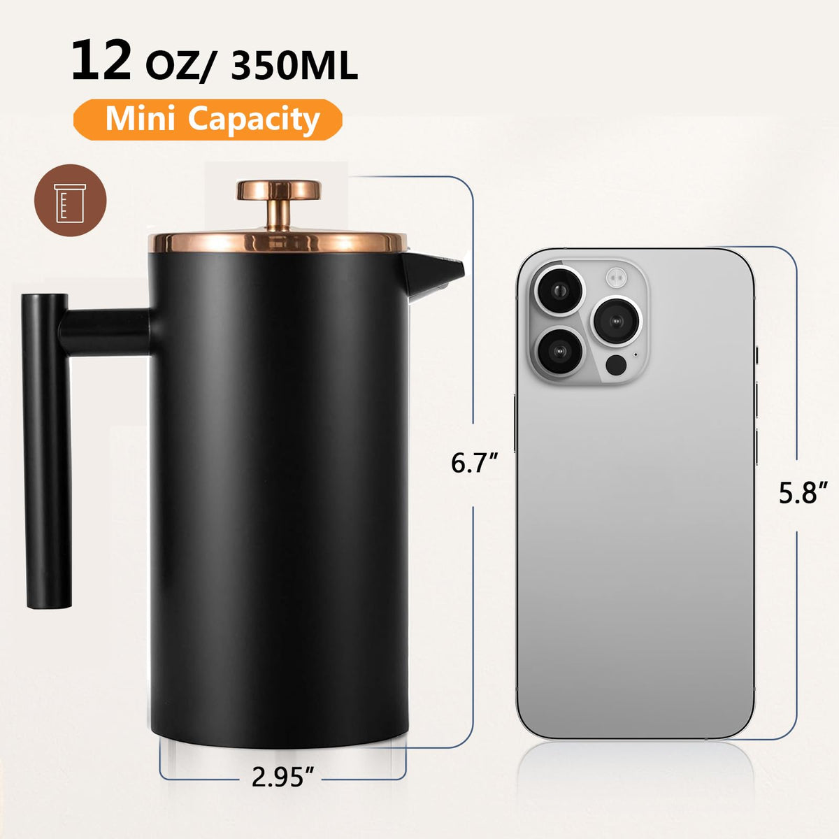 Black Stainless Steel 12oz French Press Coffee Maker G250665
