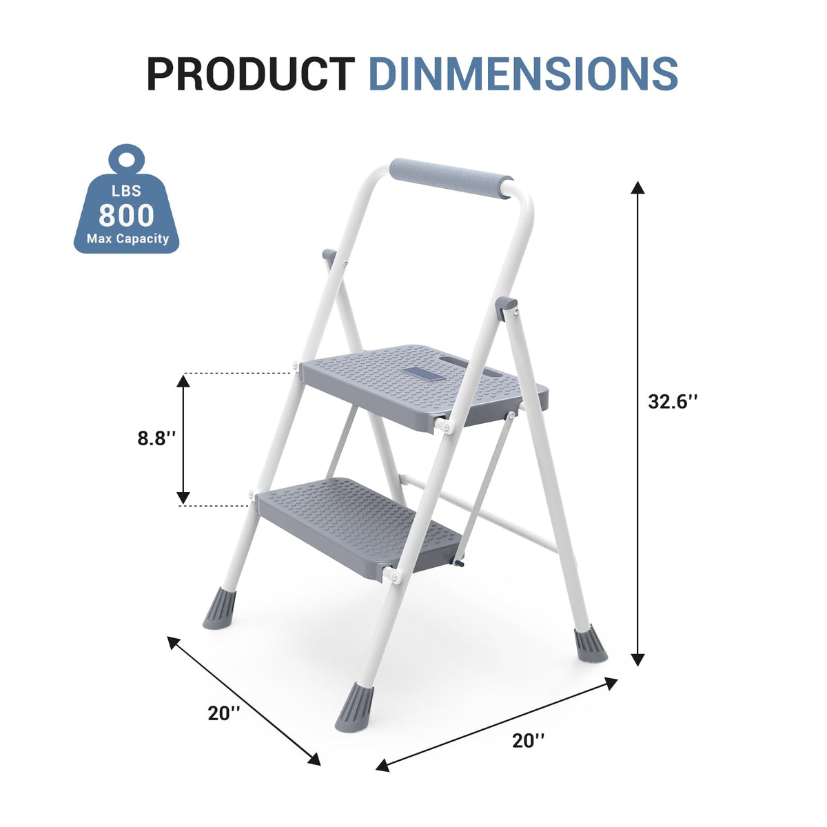 2 Step Ladder with Anti-Slip Pedal and Handrail, 800lbs, Grey T585