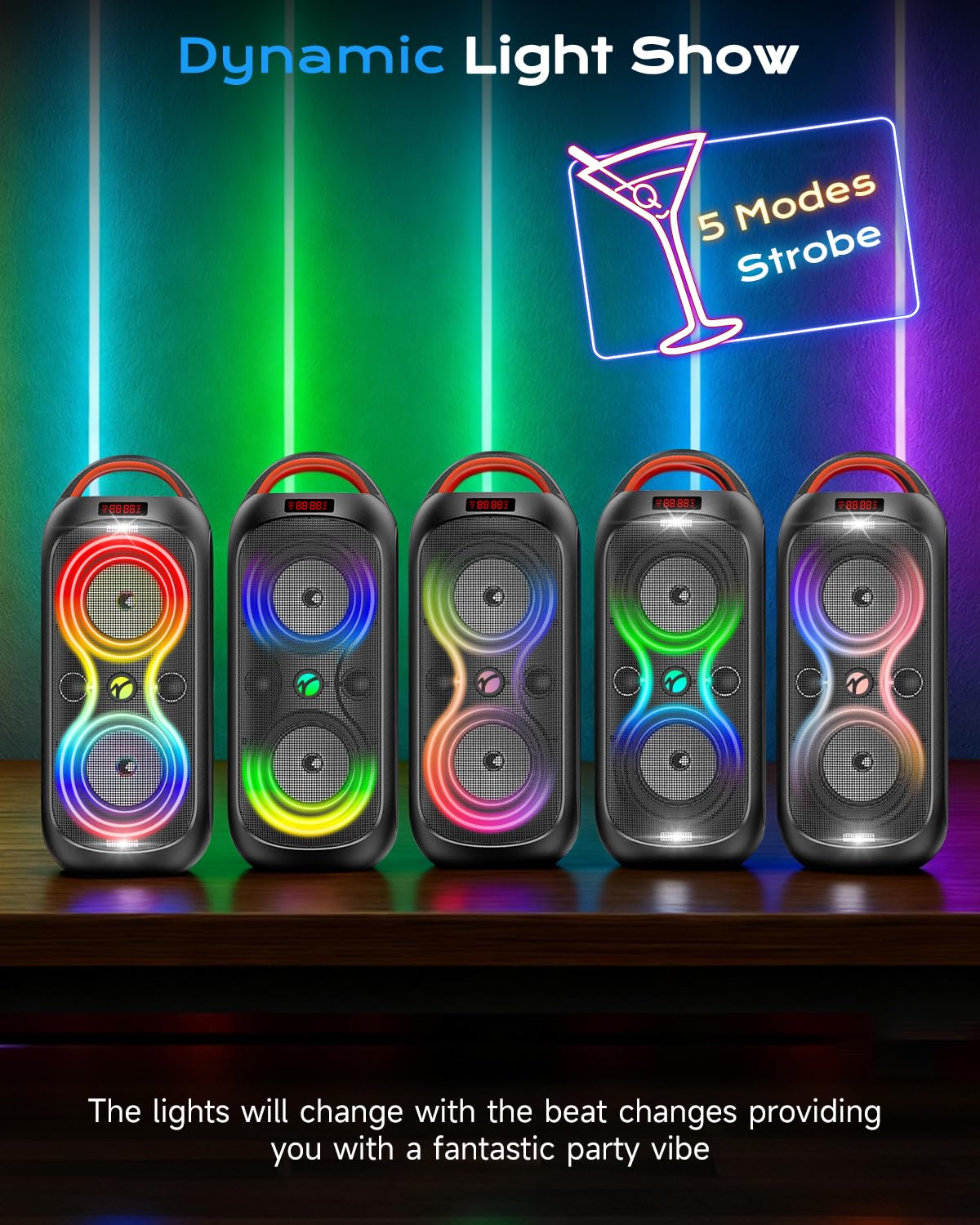 Party Bluetooth Speaker with Dual 4" Woofers, 60W Peak Power, 12H Playtime, Dynamic LED Lights, TWS, FM, AUX, USB, Mic Input, Portable Rechargeable Speaker for Indoor & Outdoor Events -Updated Version L4460