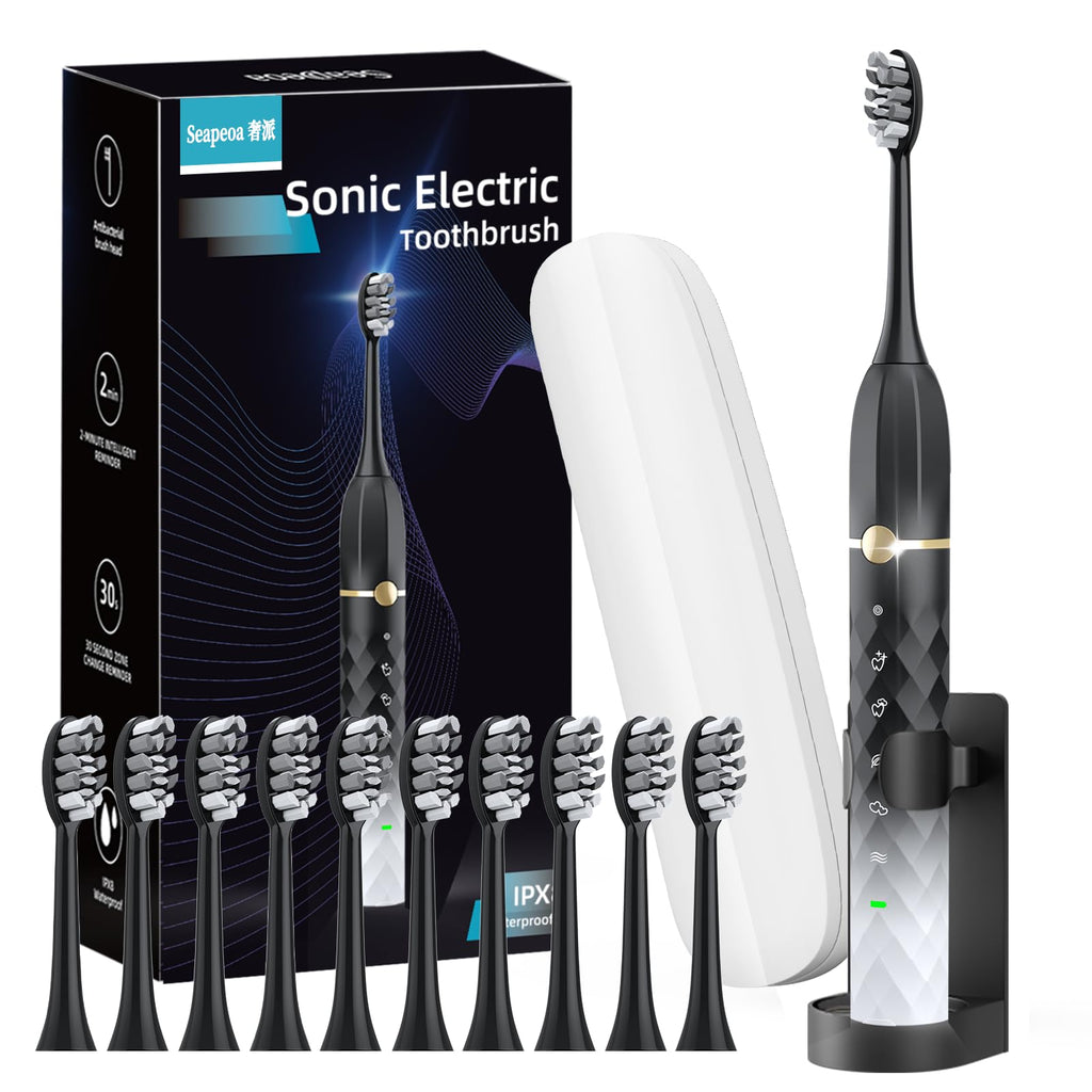 Black White Sonic Electric Toothbrush Set with 10 Brush Heads and Travel Case V103864