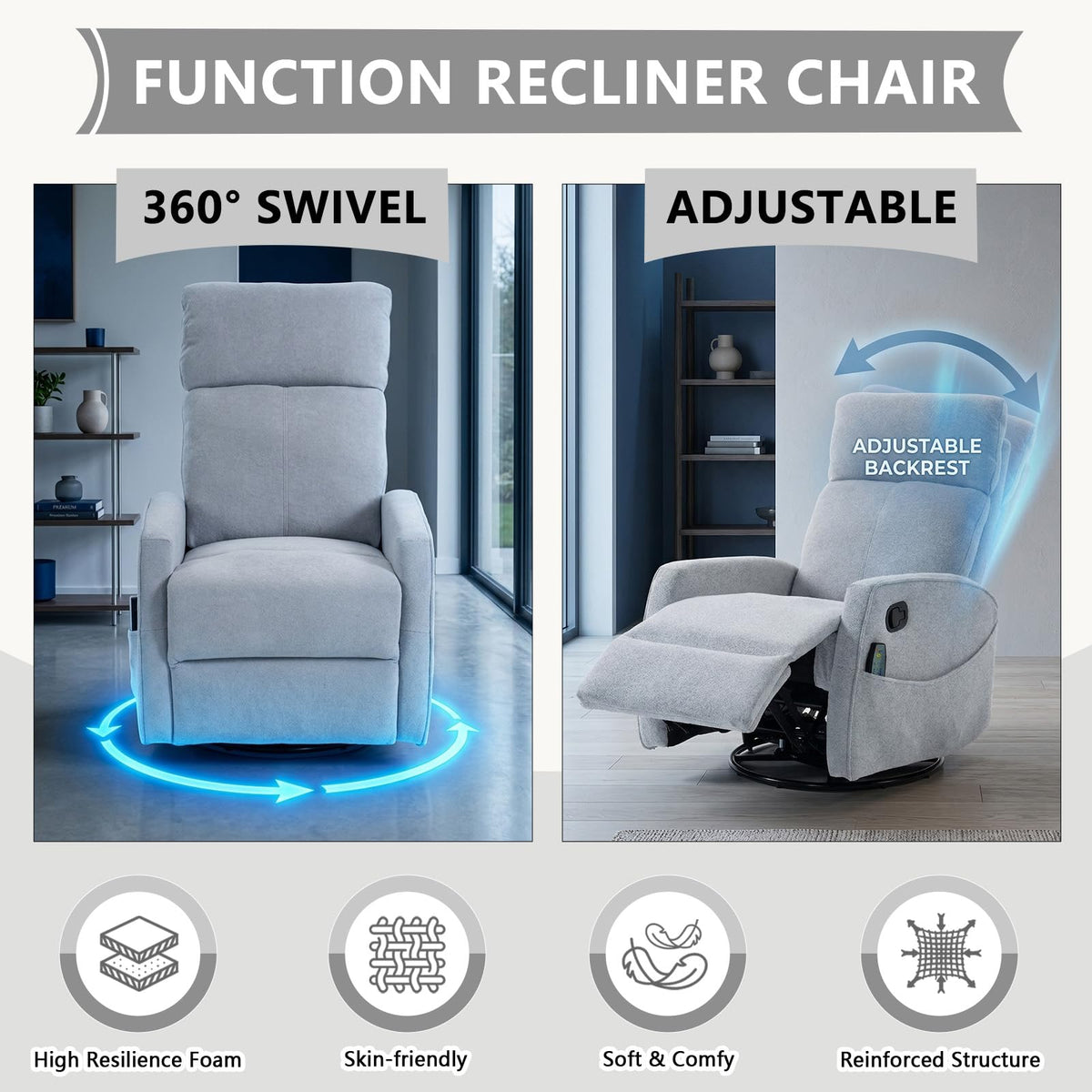 Small White Velvet Recliner Rocking Chair with Heat and Massage P89787