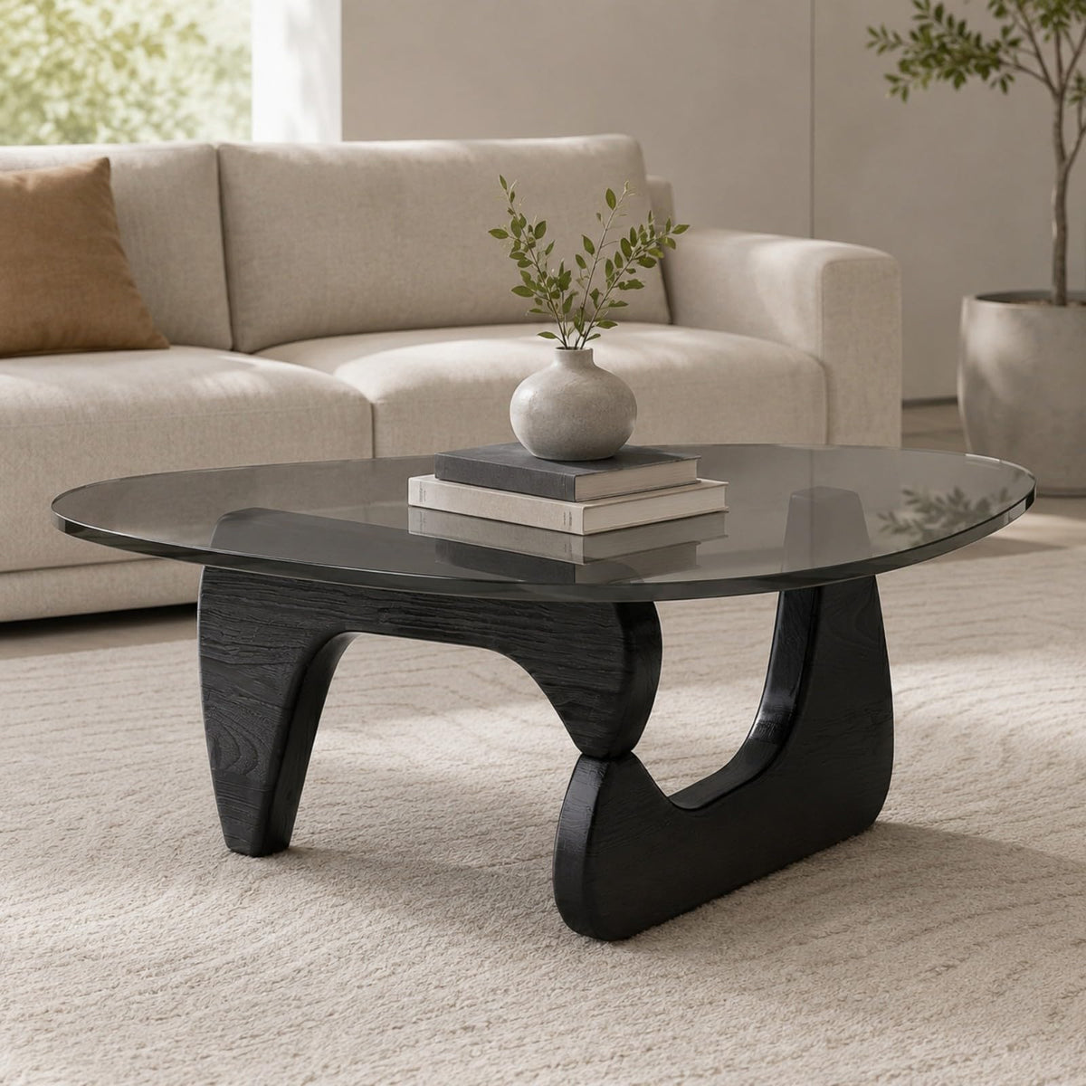Glass Coffee Table with Wood Grain Base W418