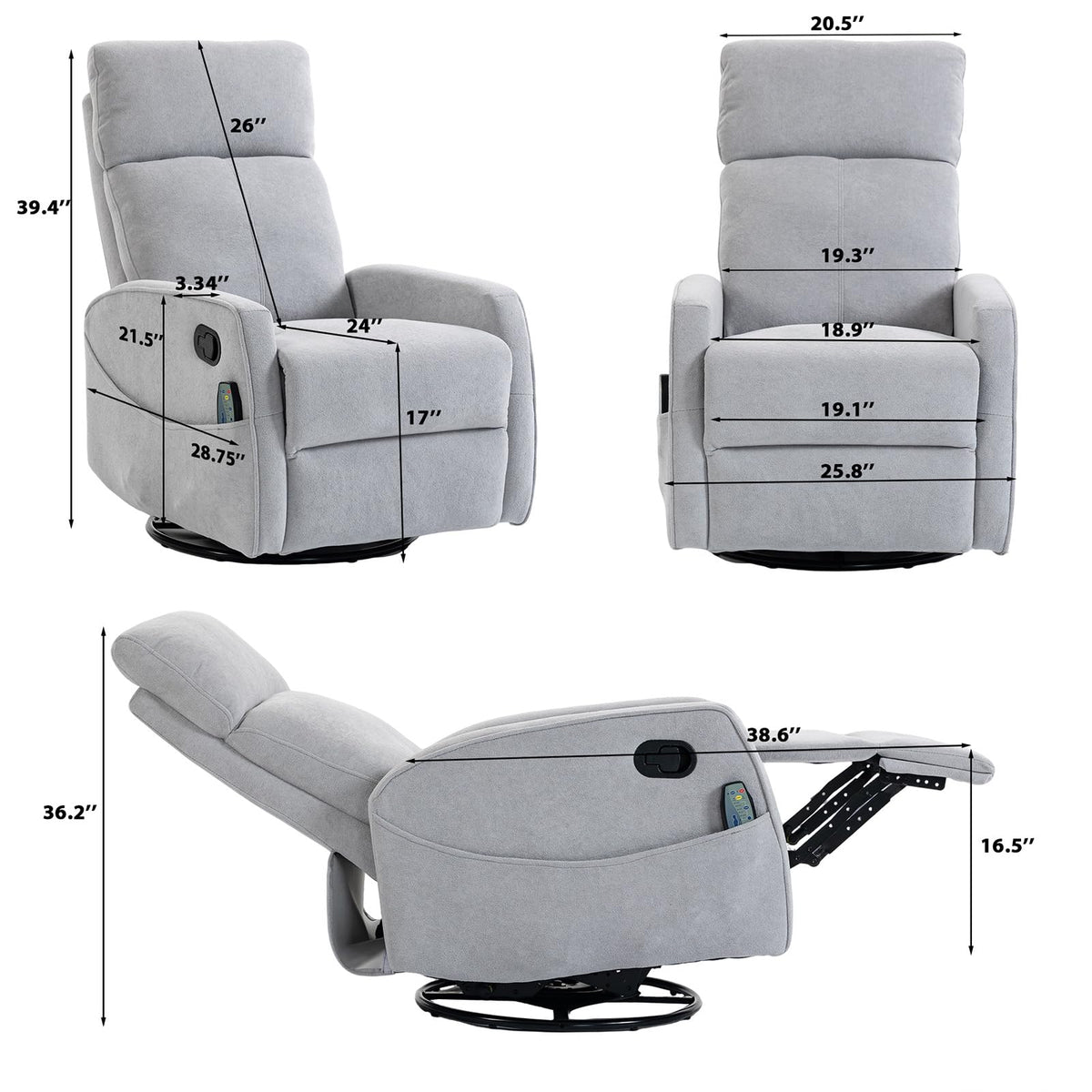 Small White Velvet Recliner Rocking Chair with Heat and Massage P89787