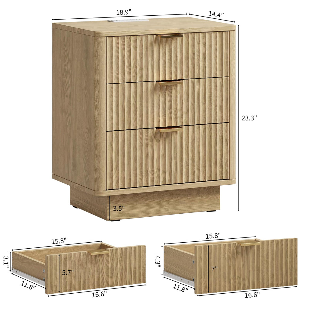Natural 3 Drawer Nightstand with Charging Station A821