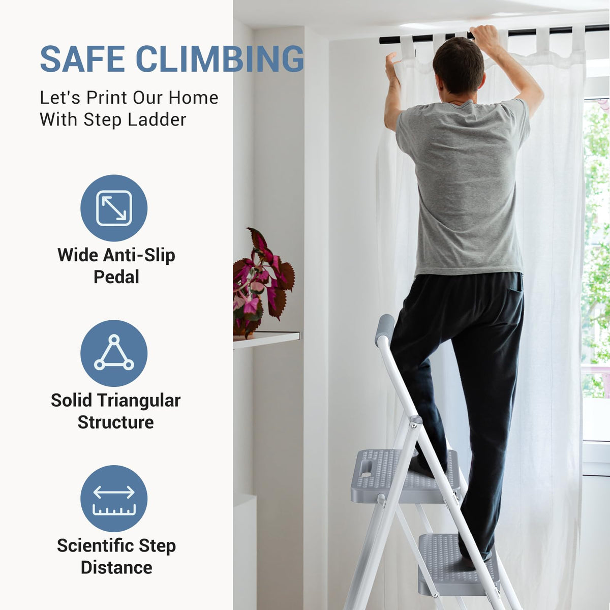 2 Step Ladder with Anti-Slip Pedal and Handrail, 800lbs, Grey T585