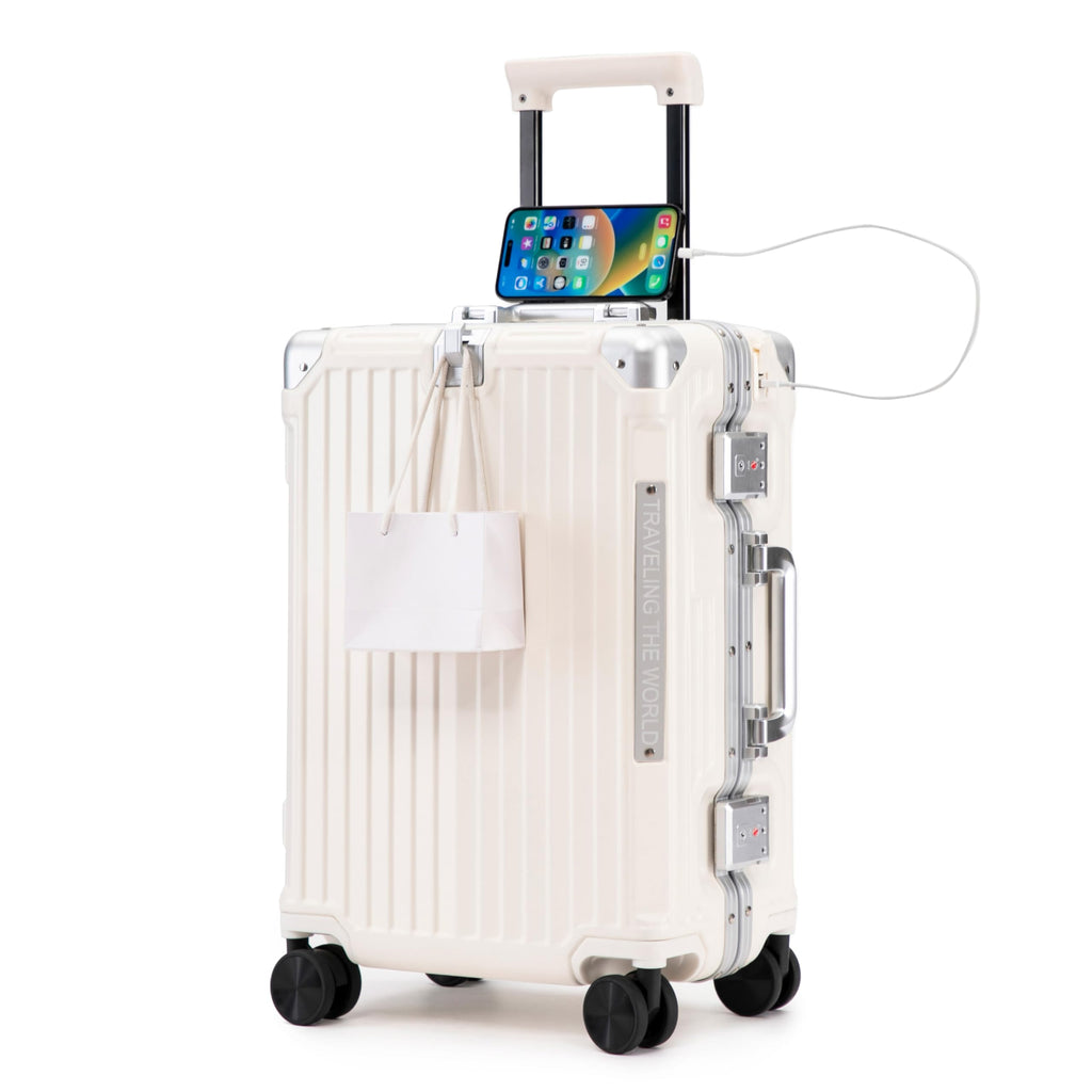 20 Inch White ABS Hardside Spinner Luggage with USB Port E4167