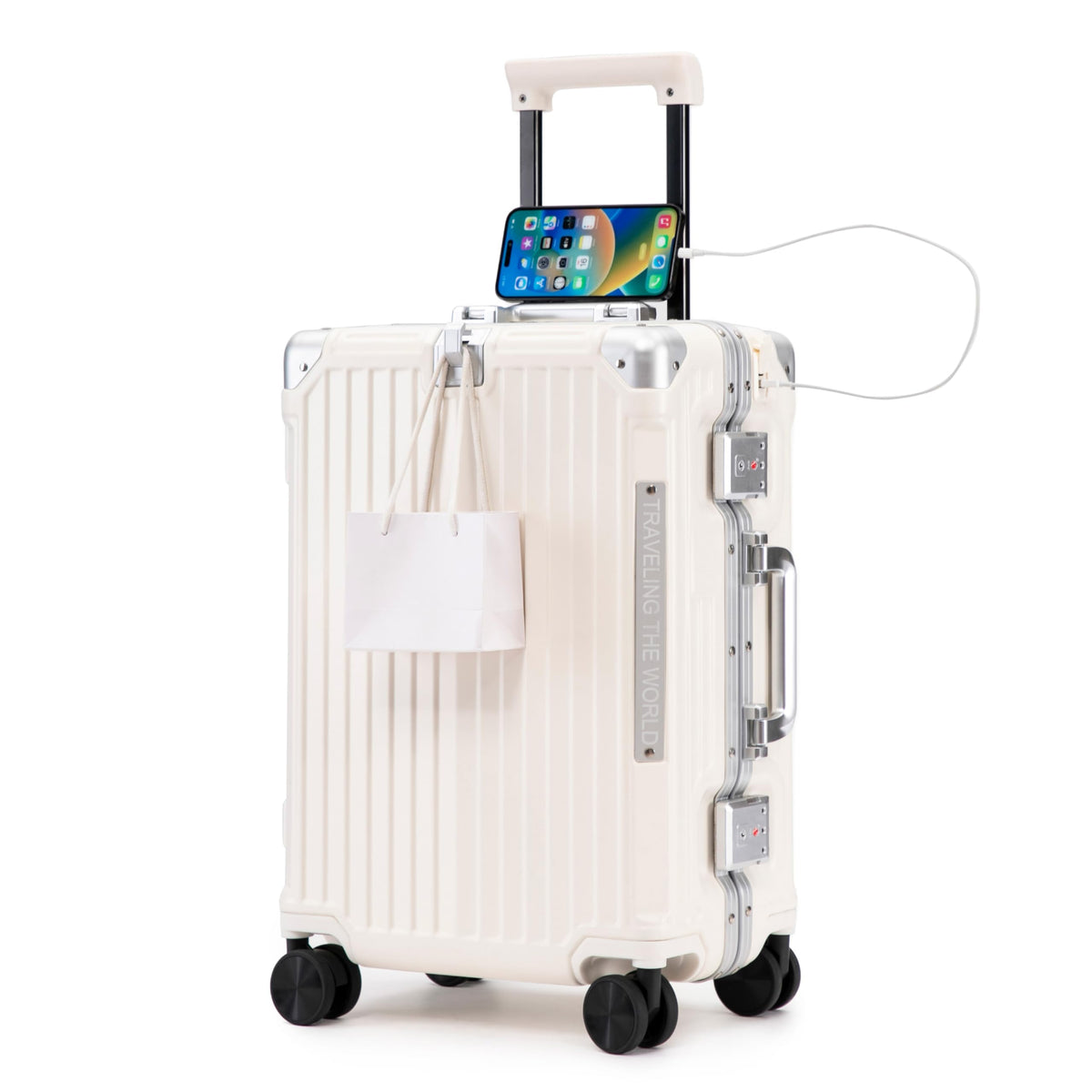 20 Inch White ABS Hardside Spinner Luggage with USB Port E4167
