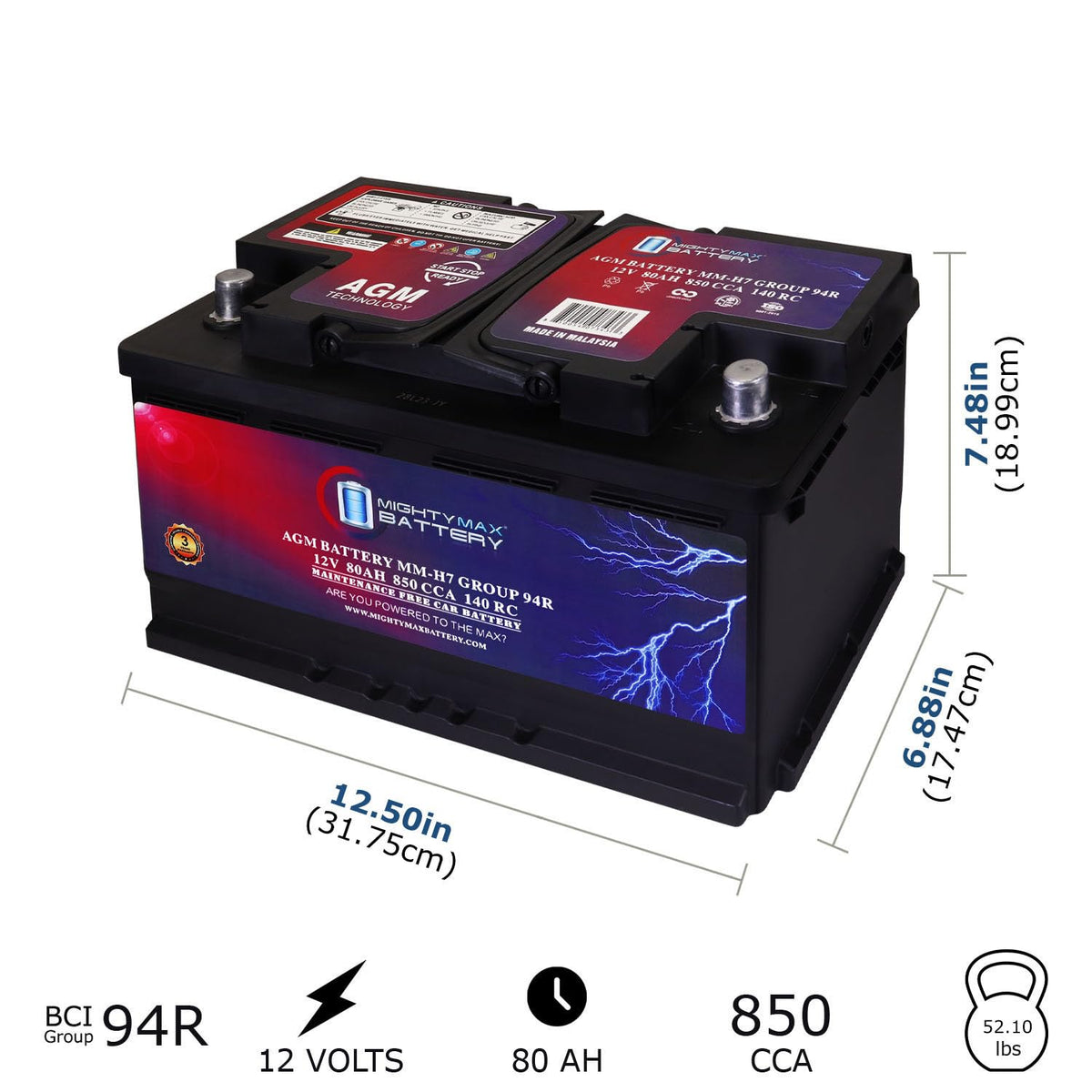 12V 80AH 850 CCA Replacement Battery U63969