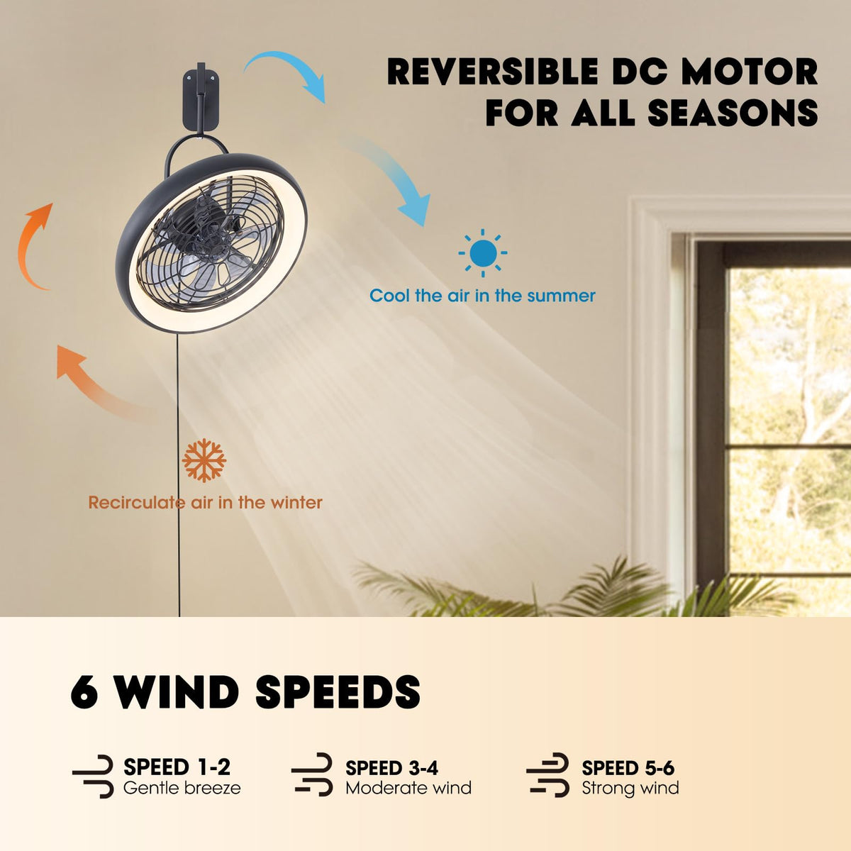 Wall Mounted Fan with Lights, 20” 6 Speeds Reversible Dimmable P9787