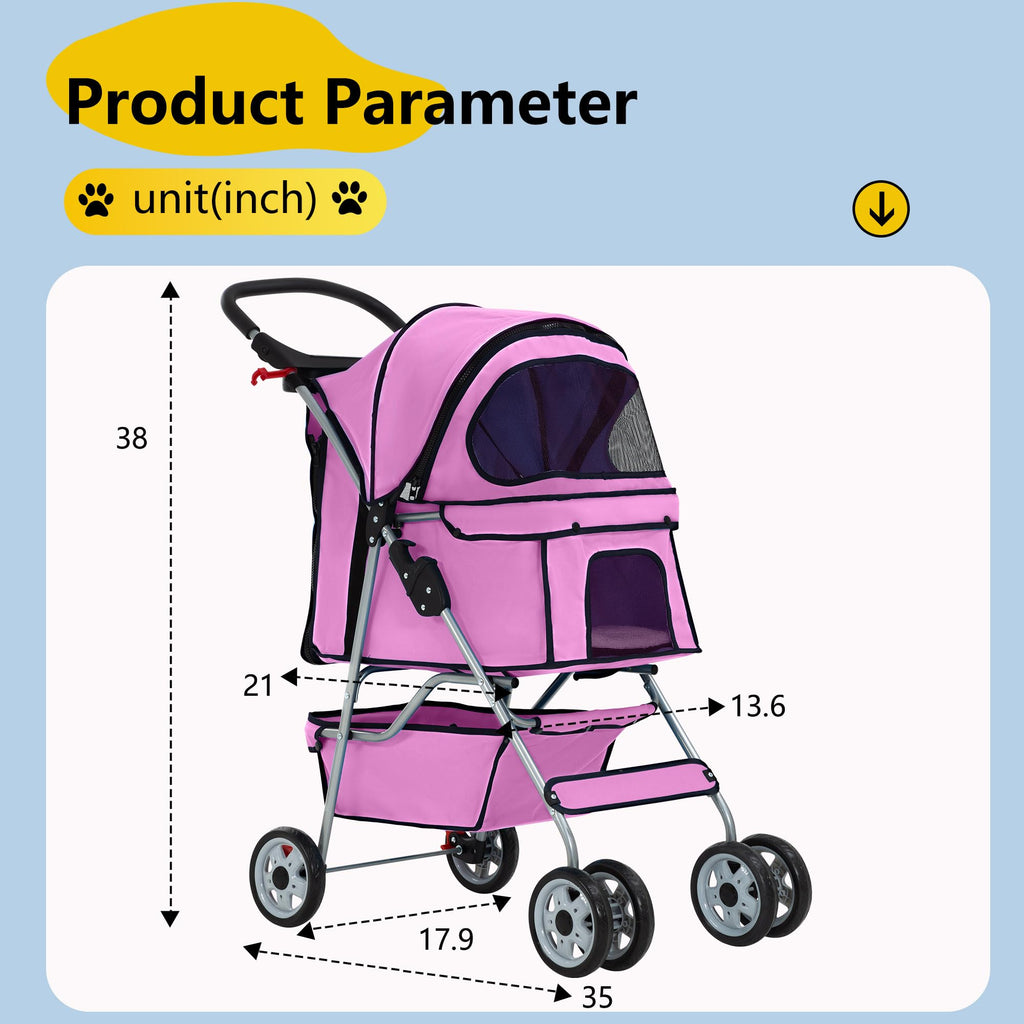 4-Wheel Foldable Pet Stroller Pink S9739