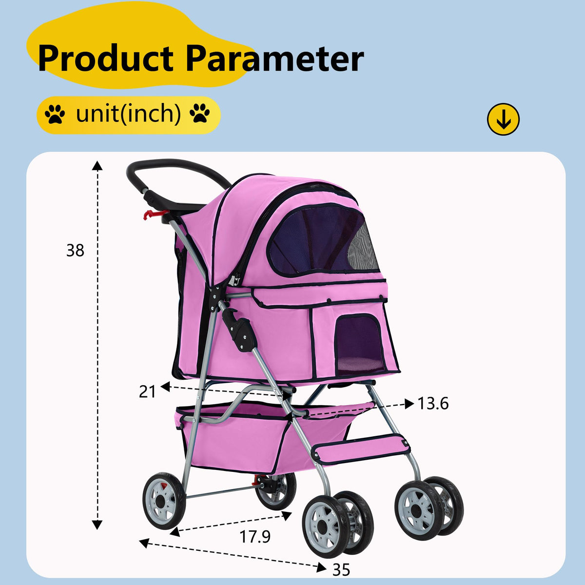 4-Wheel Foldable Pet Stroller Pink S9739