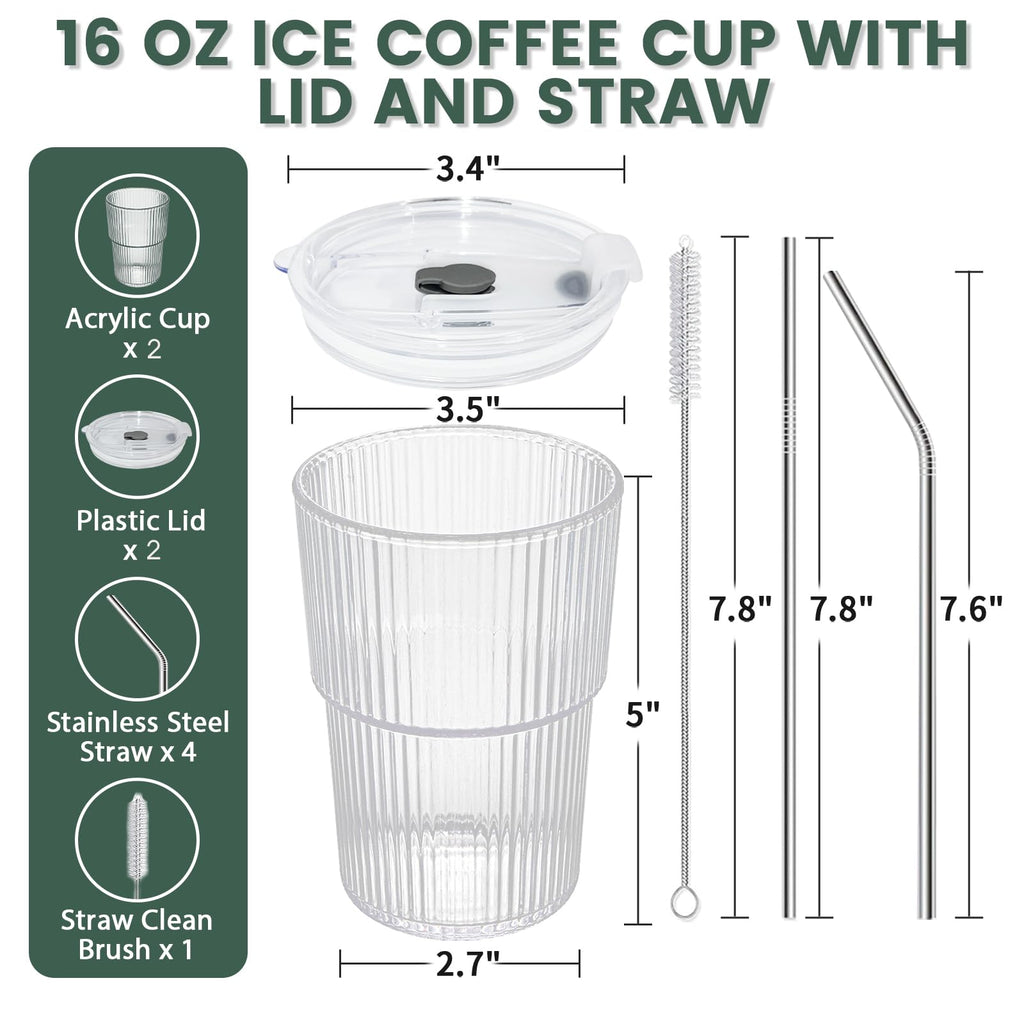 16 OZ Clear Plastic Iced Coffee Cups with Lids and Straws 2 Pcs M752948