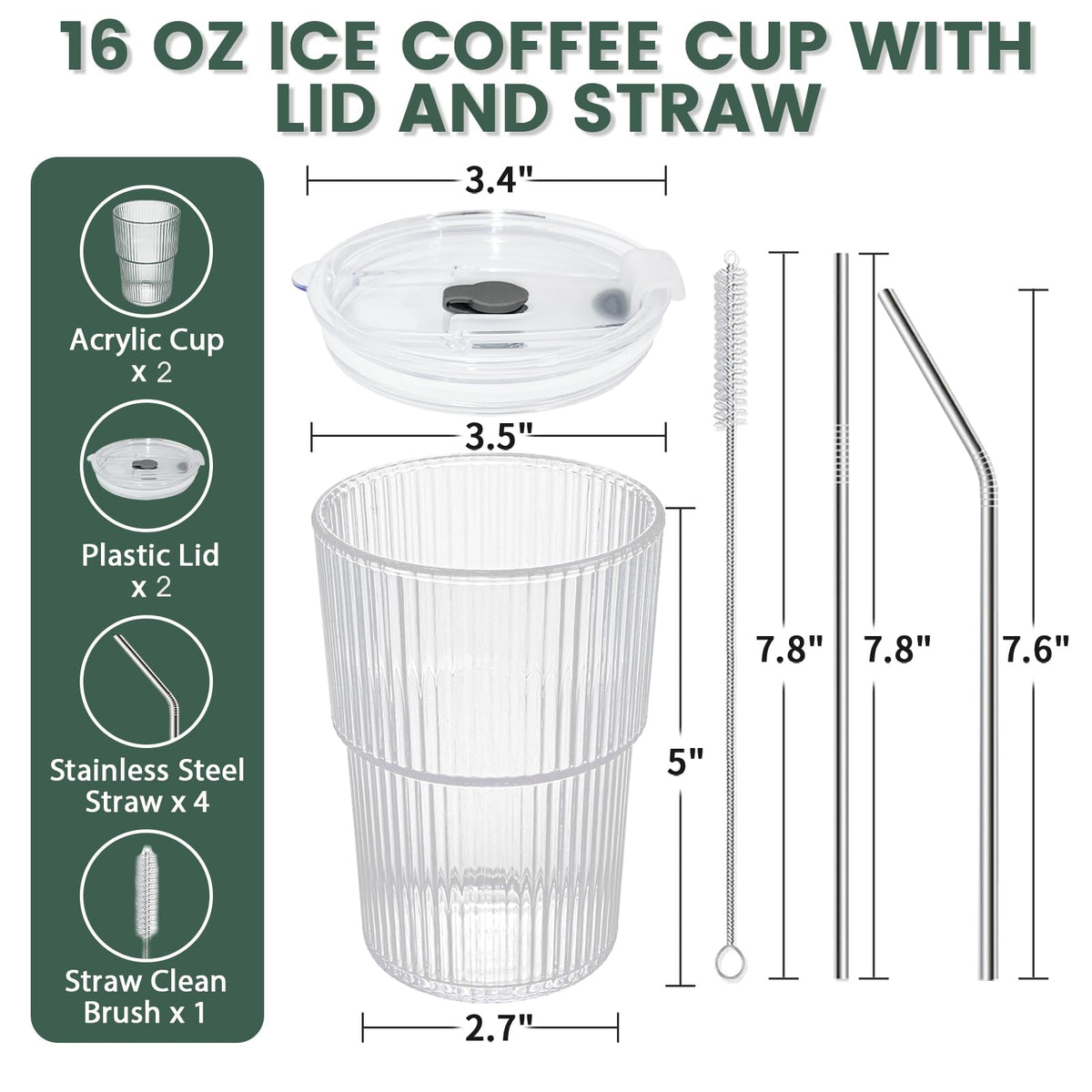 16 OZ Clear Plastic Iced Coffee Cups with Lids and Straws 2 Pcs M752948