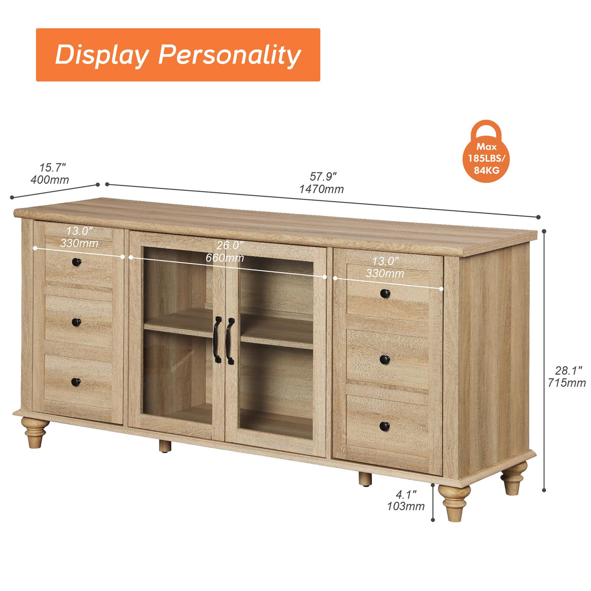 Wood TV Stand for 65 Inch TV with Glass Door J186822