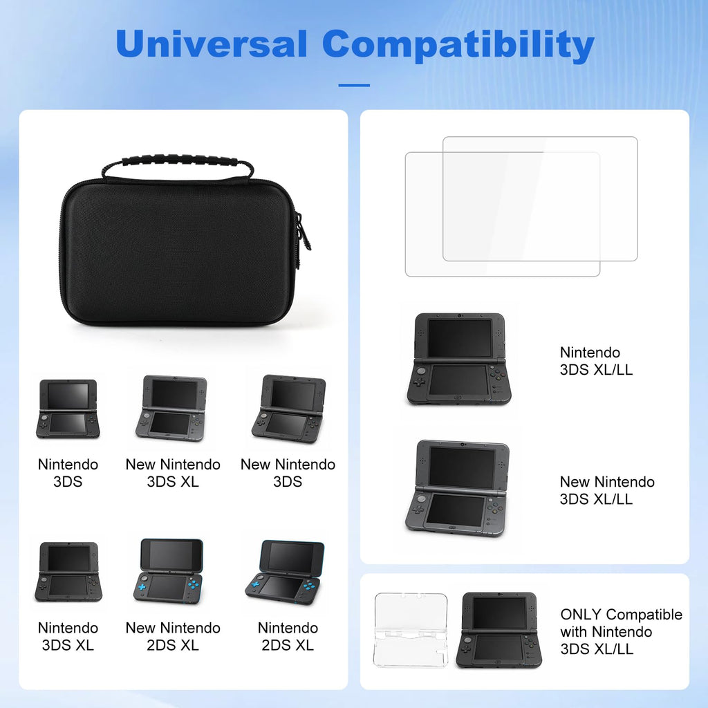 3DS XL Accessories 4-in-1 Kit Carrying Case Clear Shell Case Screen Protectors Stylus Pens N8331