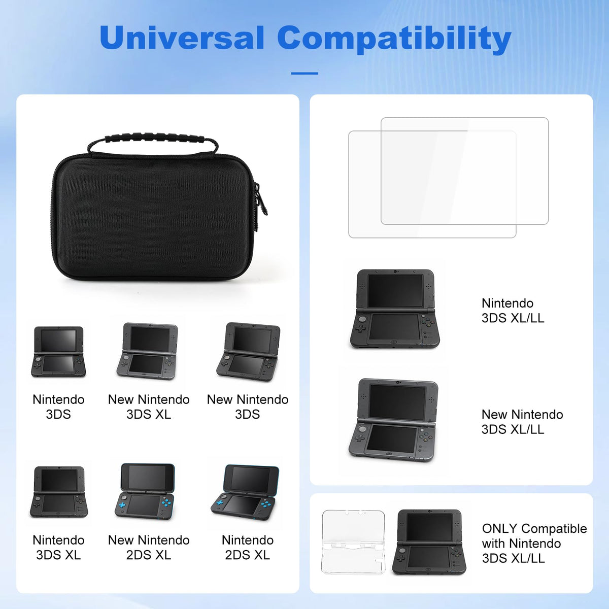 3DS XL Accessories 4-in-1 Kit Carrying Case Clear Shell Case Screen Protectors Stylus Pens N8331
