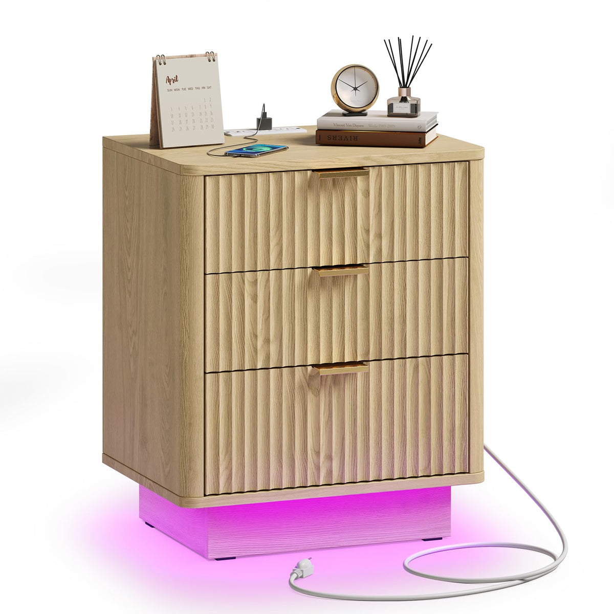 Natural 3 Drawer Nightstand with Charging Station A821