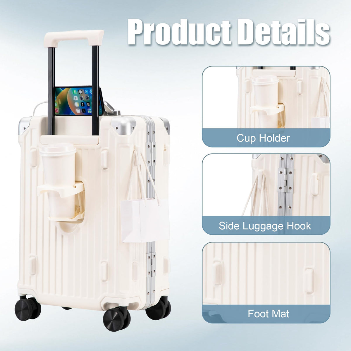 20 Inch White ABS Hardside Spinner Luggage with USB Port E4167