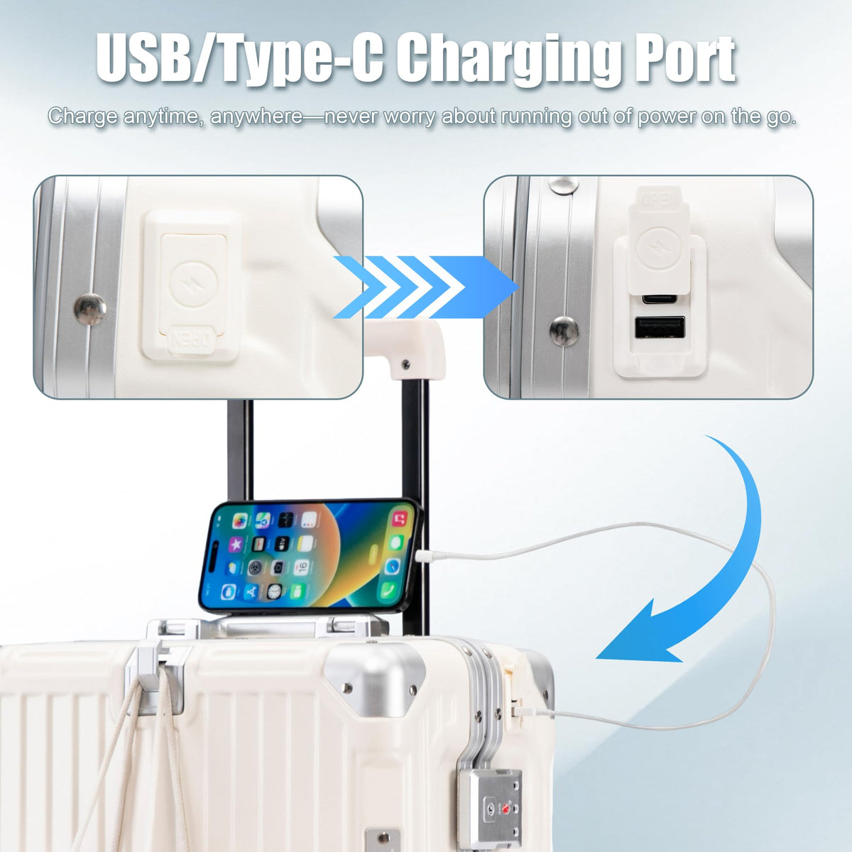 20 Inch White ABS Hardside Spinner Luggage with USB Port E4167