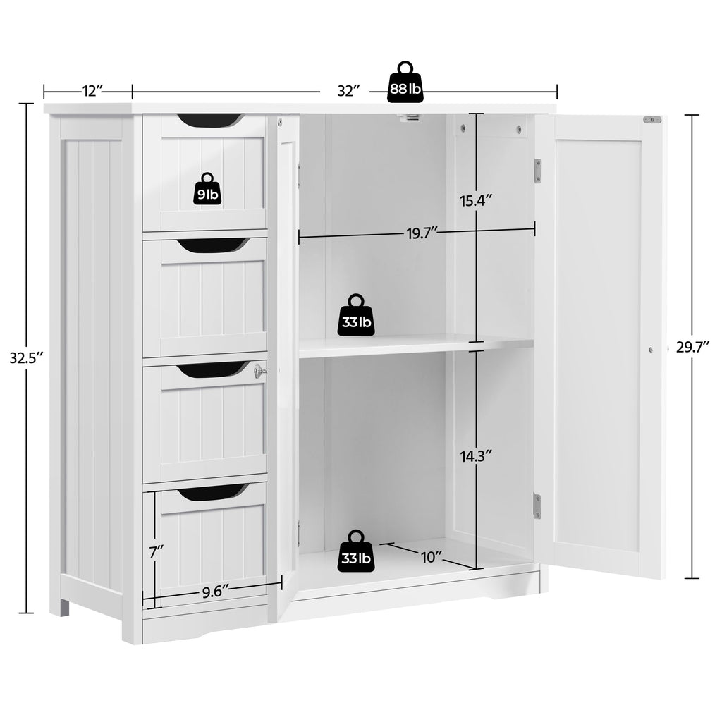 White 4 Drawer 2 Door Bathroom Storage Cabinet F320