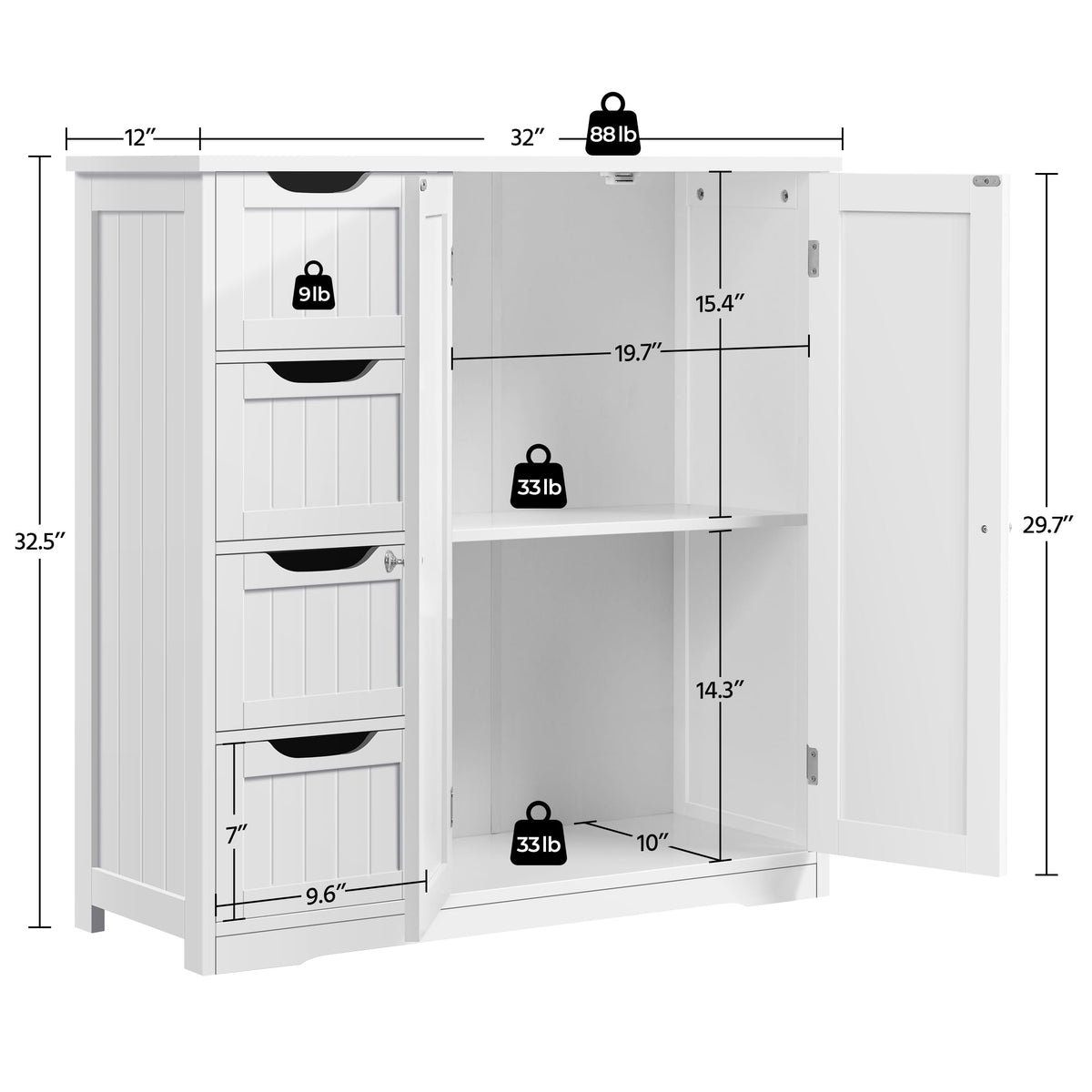 White 4 Drawer 2 Door Bathroom Storage Cabinet F320