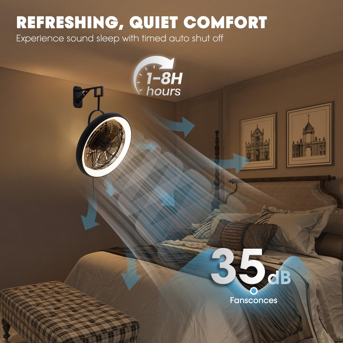 Wall Mounted Fan with Lights, 20” 6 Speeds Reversible Dimmable P9787