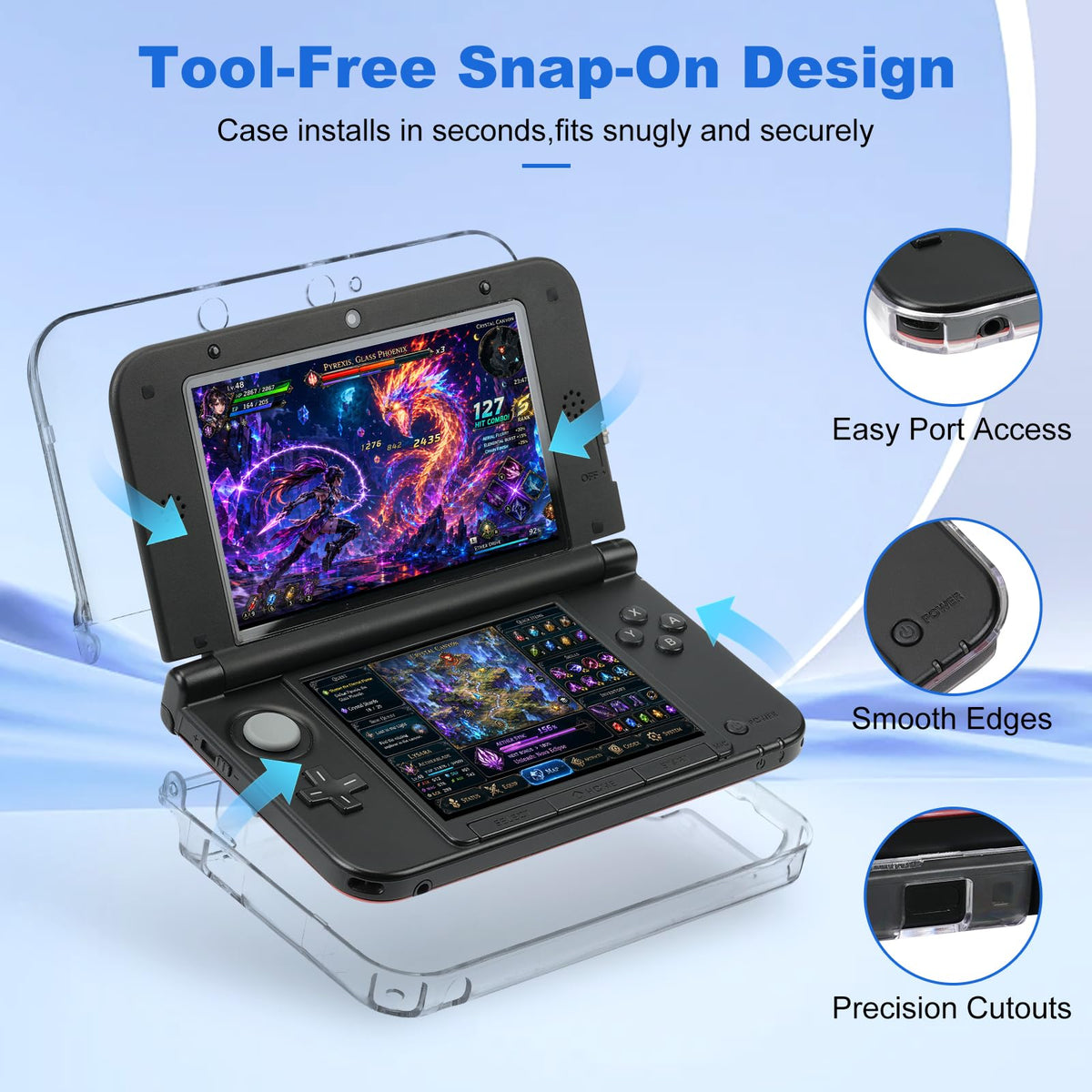 3DS XL Accessories 4-in-1 Kit Carrying Case Clear Shell Case Screen Protectors Stylus Pens N8331