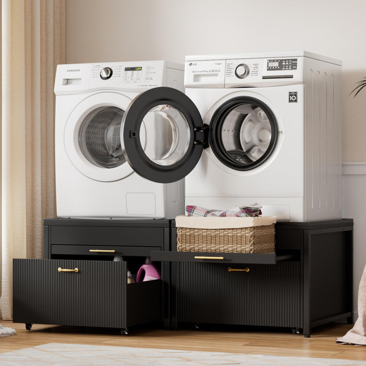 Black 2 Pack Washer Dryer Pedestals with Drawer O590