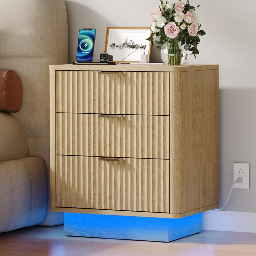 Natural 3 Drawer Nightstand with Charging Station A821