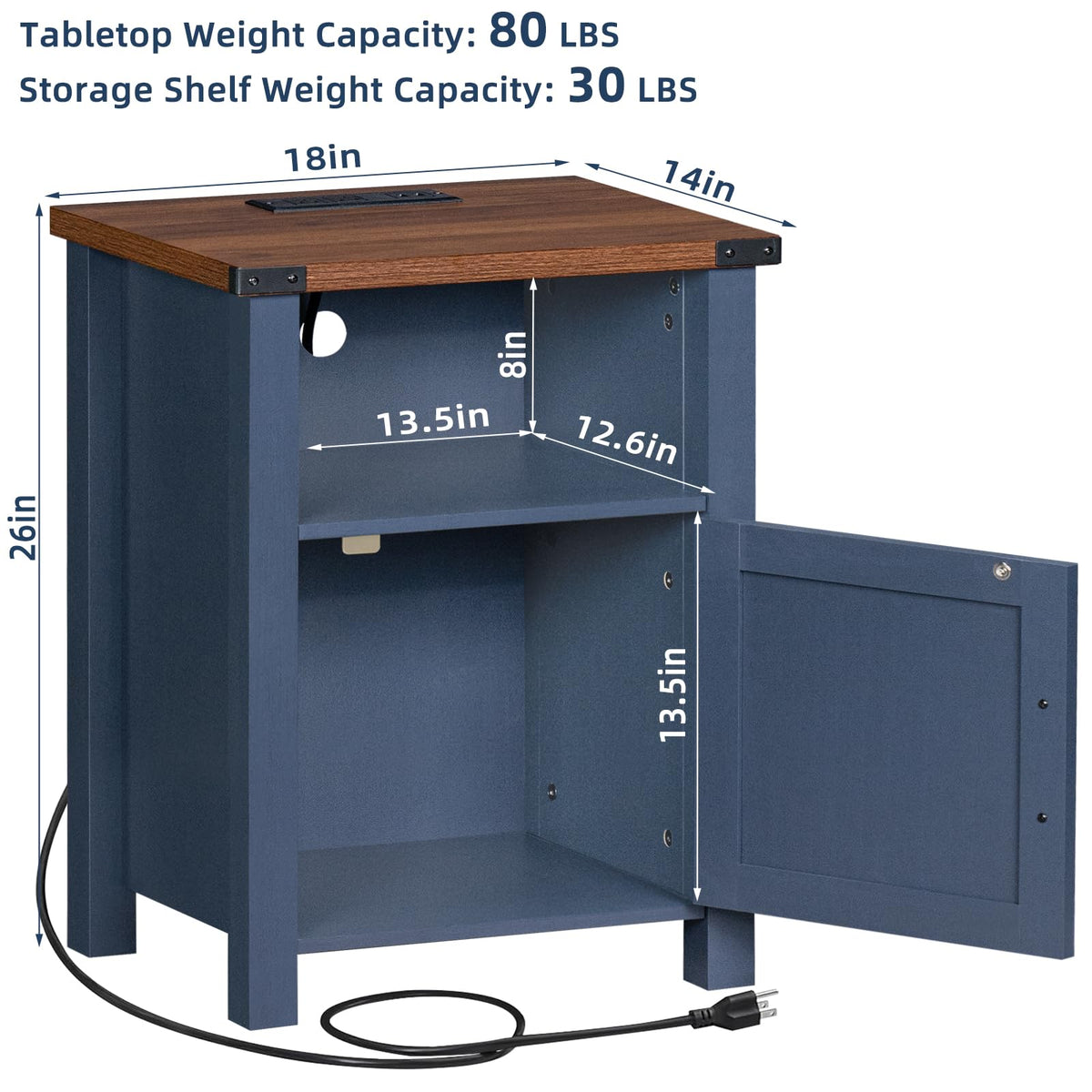 Dark Blue 18-Inch Fluted Nightstand Set of 2 Y562407