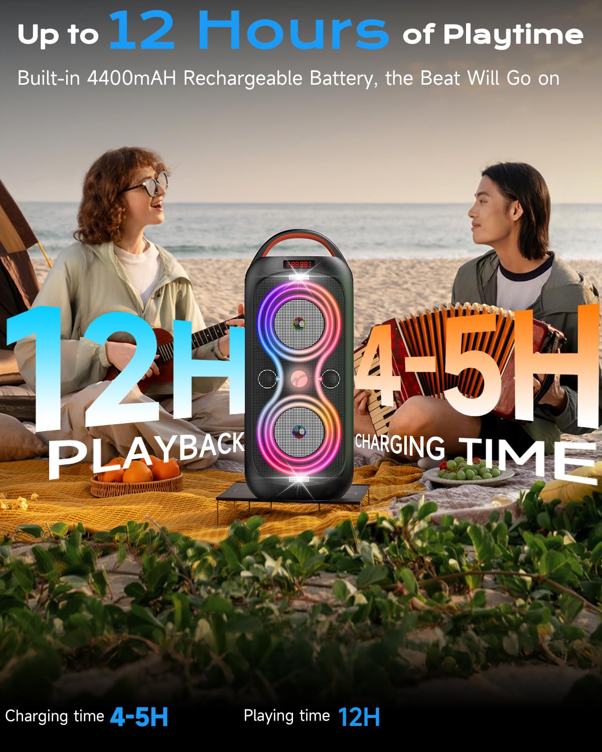 Party Bluetooth Speaker with Dual 4" Woofers, 60W Peak Power, 12H Playtime, Dynamic LED Lights, TWS, FM, AUX, USB, Mic Input, Portable Rechargeable Speaker for Indoor & Outdoor Events -Updated Version L4460