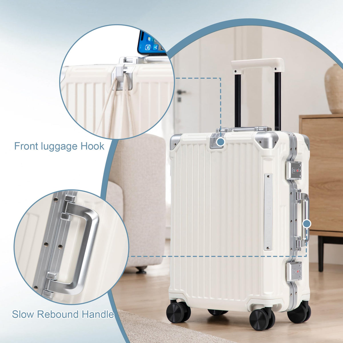 20 Inch White ABS Hardside Spinner Luggage with USB Port E4167