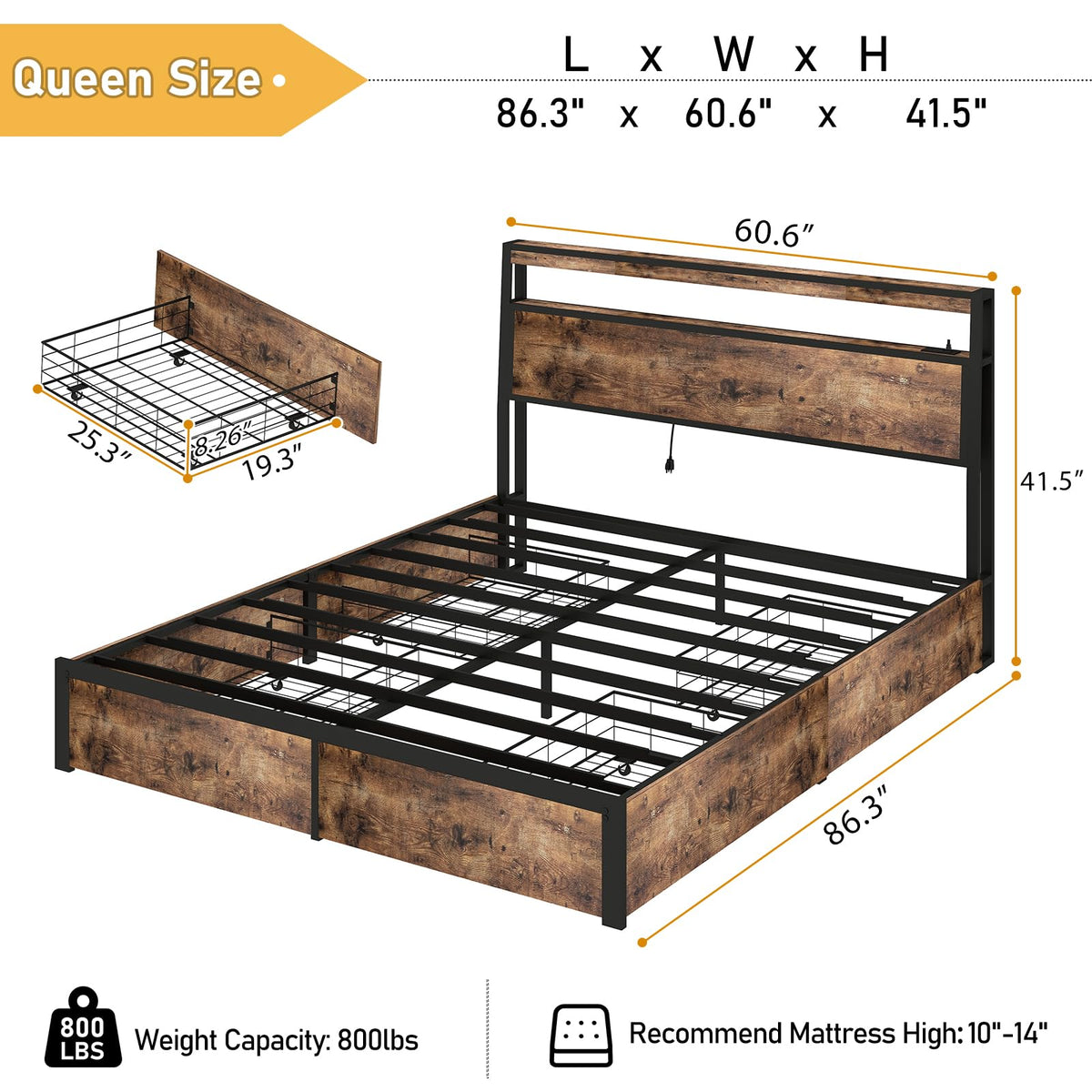 Queen Size Bed Frame with 4 Storage Drawers A267890