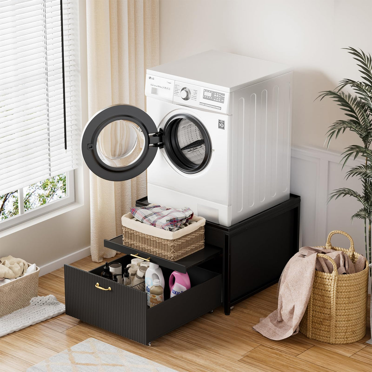 Black 2 Pack Washer Dryer Pedestals with Drawer O590