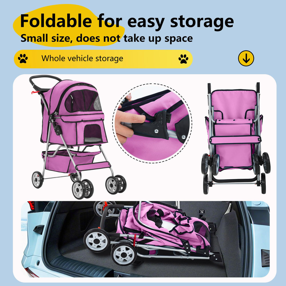 4-Wheel Foldable Pet Stroller Pink S9739