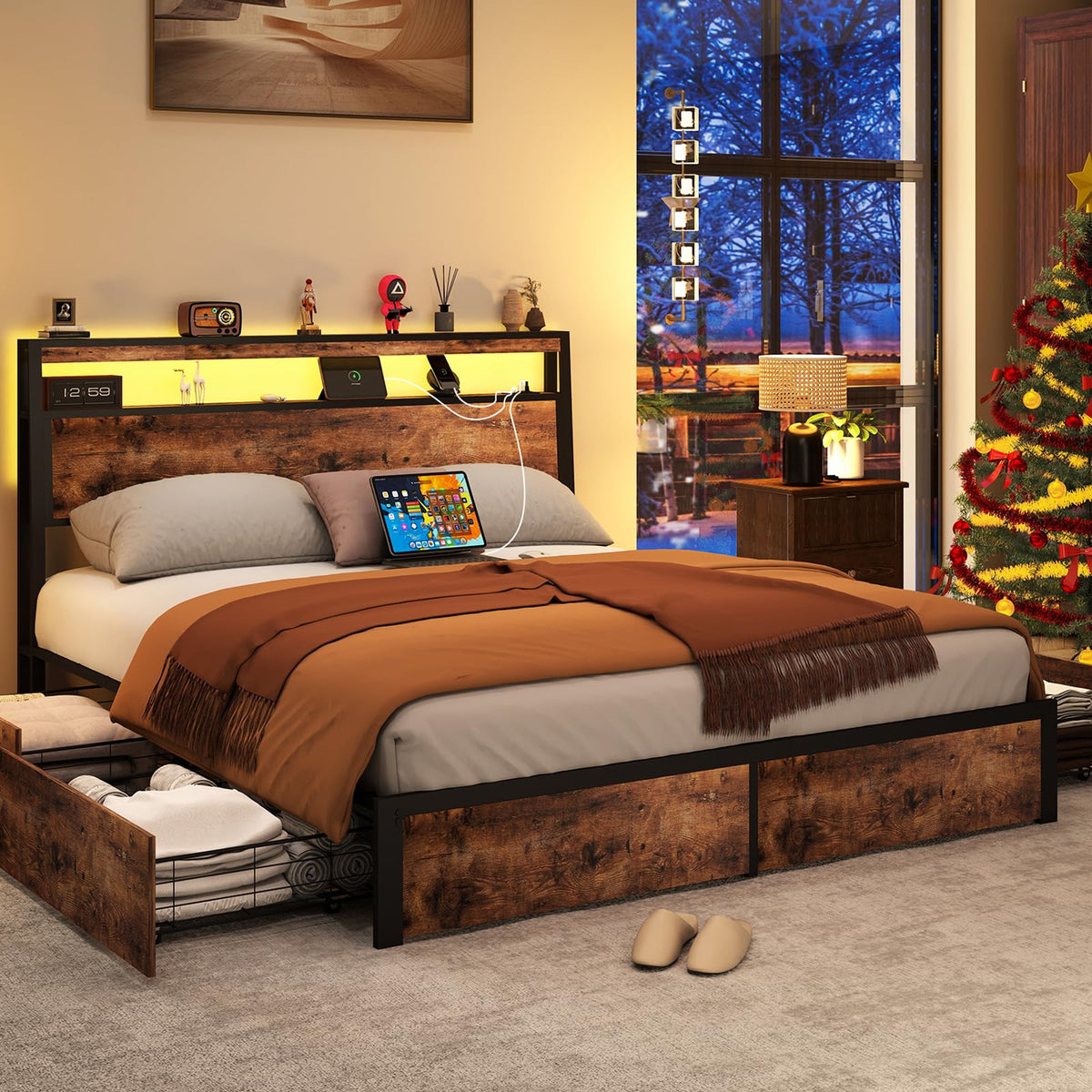 Queen Size Bed Frame with 4 Storage Drawers A267890