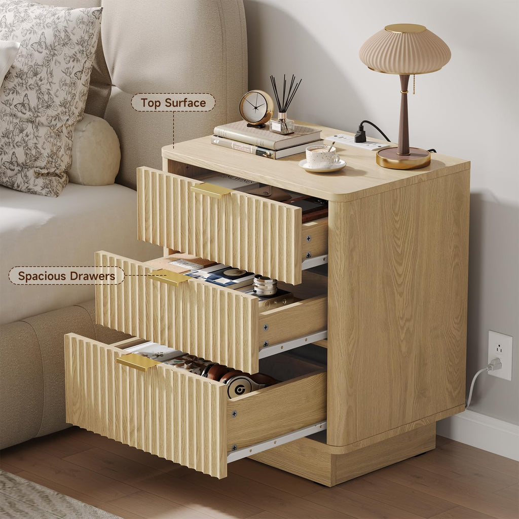 Natural 3 Drawer Nightstand with Charging Station A821