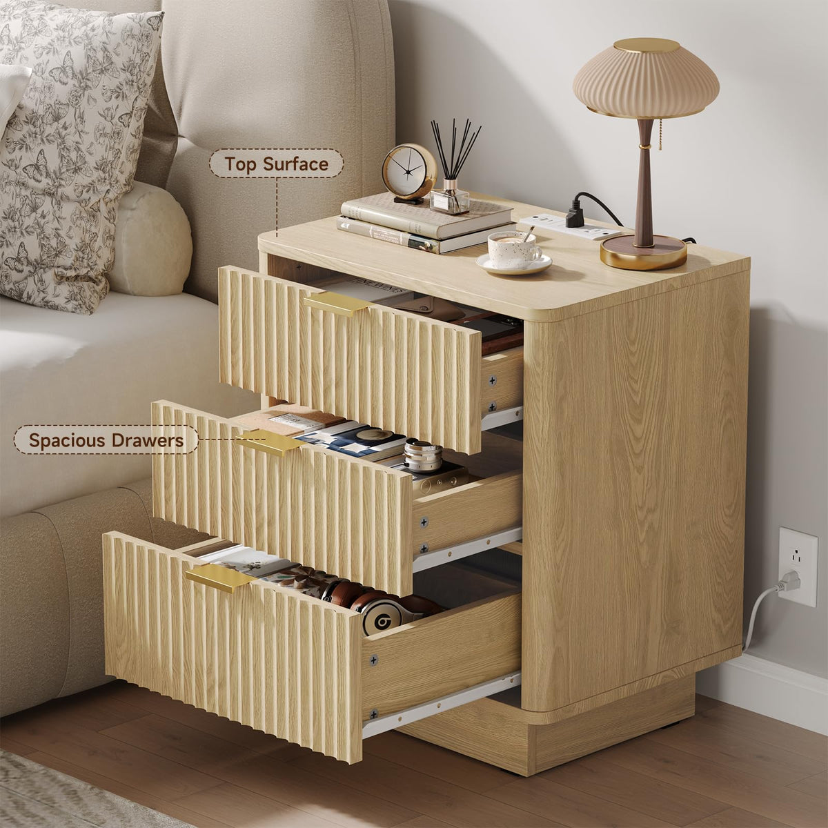 Natural 3 Drawer Nightstand with Charging Station A821